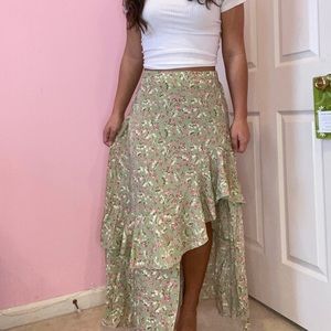 Flora Green Long Skirt With Slit Flowy